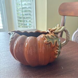 Pumpkin Shaped Glossy Ceramic Gravy Bowl/Pitcher With Handle Heavy; 9” L